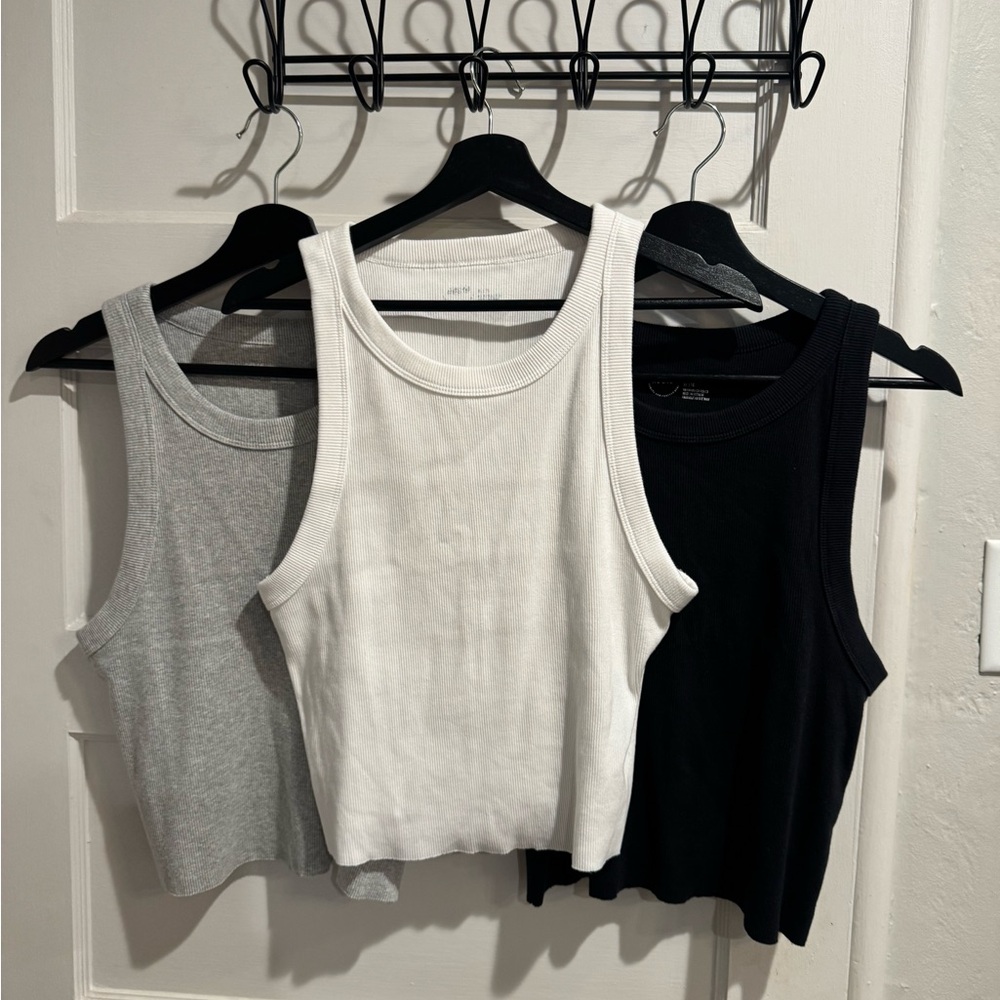 Aerie Ribbed Cropped Tank Set – Black, White & Grey (Size XL)